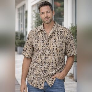 Pierre Cardin Abstract Print Button Up Shirt Mens XL 90s Inspired Artsy Style